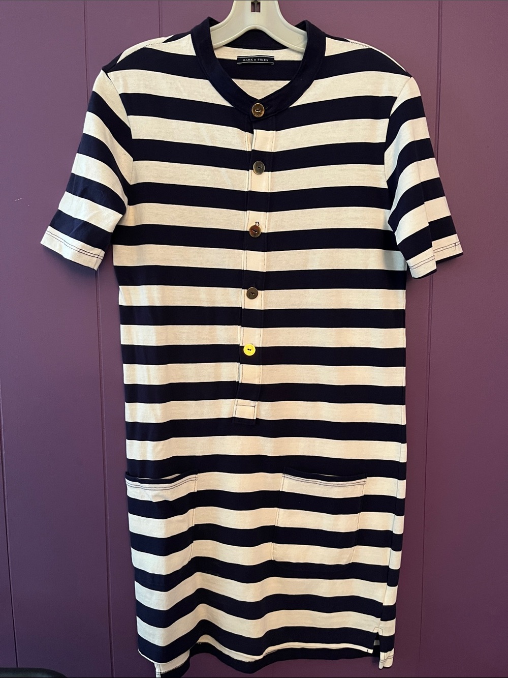 Striped Short-Sleeve Knit Dress in Navy and White